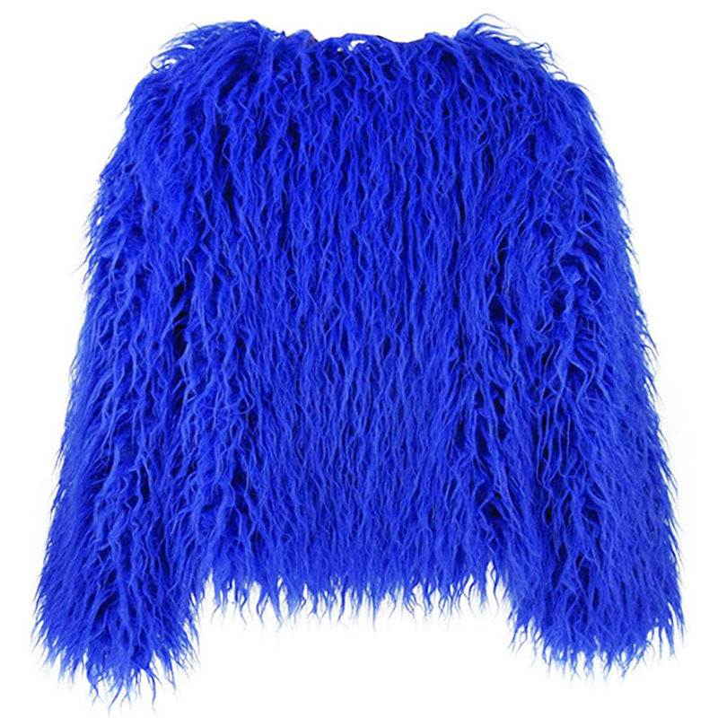 Beakey Womens Shaggy Faux Fur Outwear Short Thermal Coat-Royal Blue