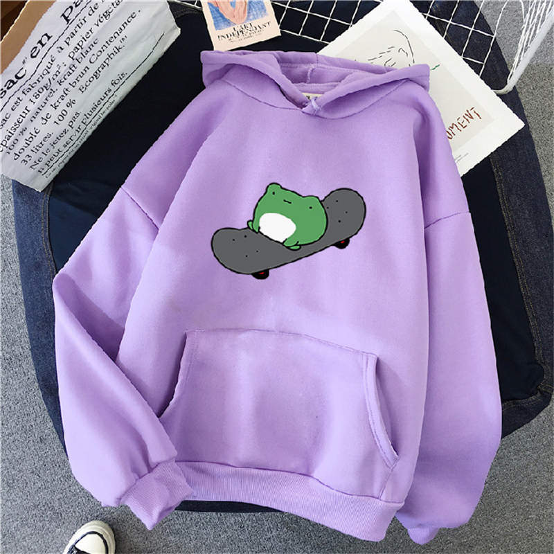 Beakey Womens Cute Hoodie Skateboarding Frog Long Sleeve Pullover-Purple