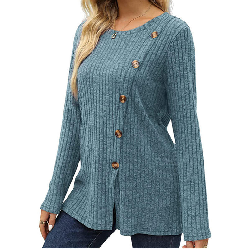 Beakey Long Sleeve Tops for Women Button Decor Loose Tunic Blouse-Blue