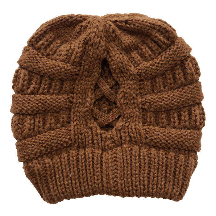 Beakey Soft Stretch Cable Knit Hat Ponytail Beanie Winter Hat For Women-Caramel Colour