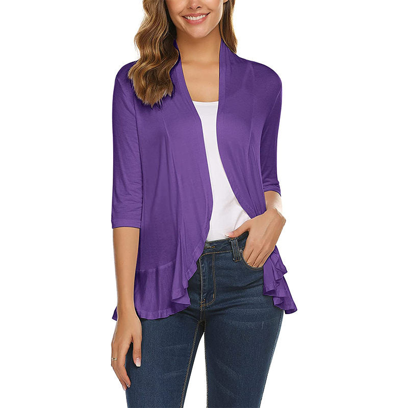 Beakey Women's Open Front Cardigan 3/4 Sleeve Draped Ruffles Soft Knit Sweaters-Purple-8012