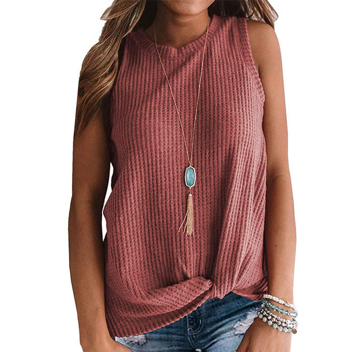 Beakey Womens Waffle Knit Vest Casual Blouse Sleeveless Twist Knot Tank Tops-Red-YT8829