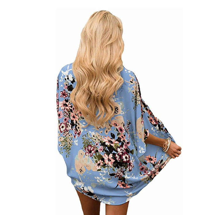 Beakey Women's Summer Floral Print Kimonos Loose Half Sleeve Chiffon Cardigan Blouses Casual Cover Up - Blue