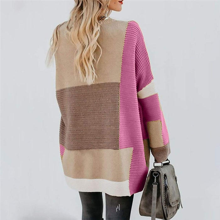 Beakey Womens Color Block Cardigan Open Front Sweaters Loose Knit Casual Coat-Rose Red-AL6009