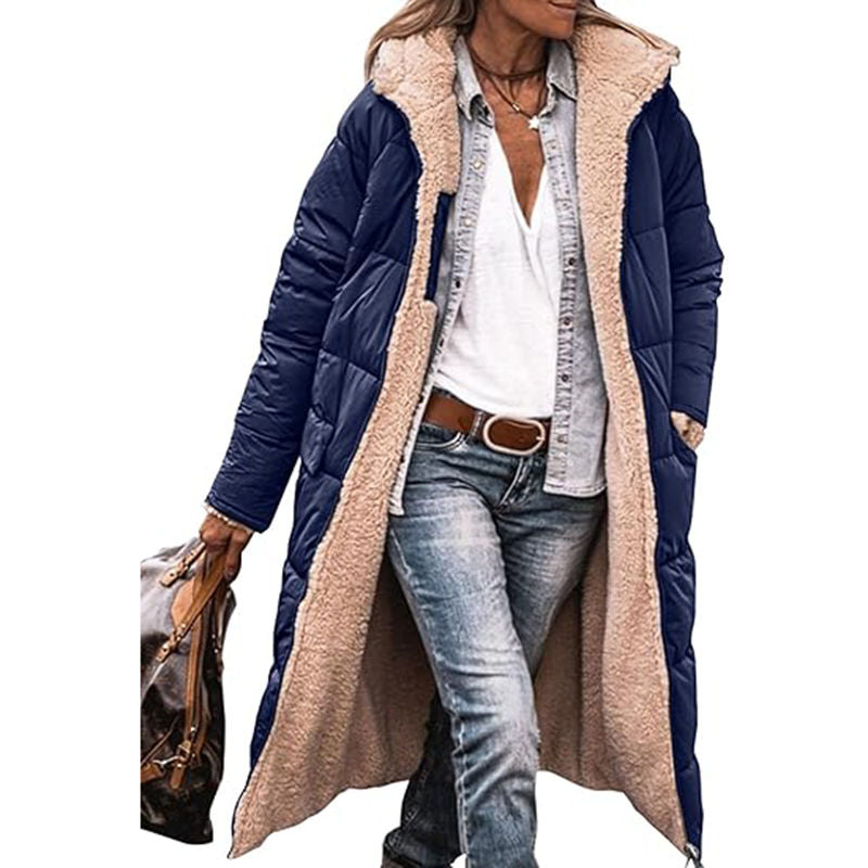 Beakey Womens Long Coats with Hood Fleece Lining Oversized Jackets-Navy Blue