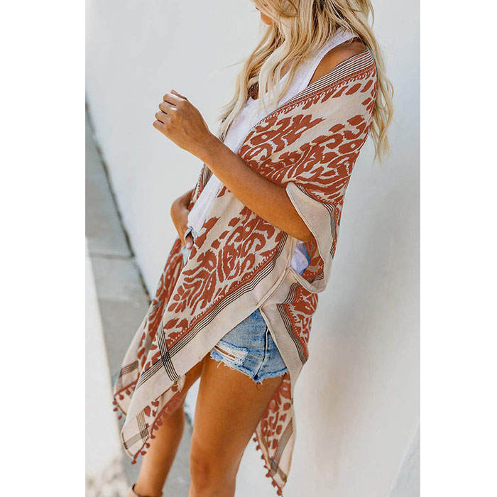 Beakey Women Print Kimono Tassel Casual Cardigan V Neck Loose Swimsuit Cover Up Beachwear-Pink