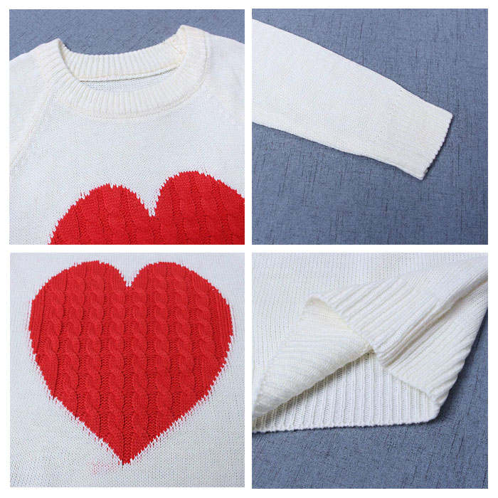 Beakey Women Cute Sweaters Heart Crewneck Long Sleeve Knitted Pullover Sweater-White-118004