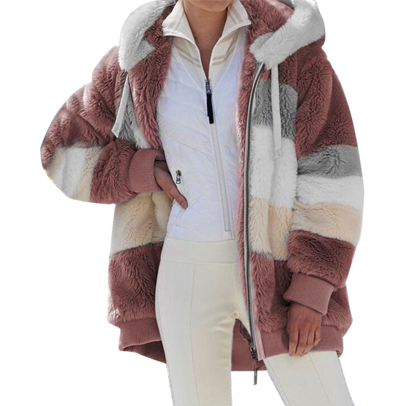 Beakey Womens Warm Plush Hooded Cardigan Full Zip Colorblock Jacket-Red