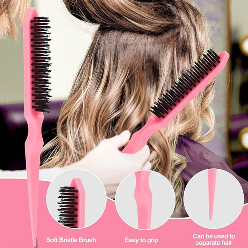 Beakey Edge Brush + Bristle Brush + Rat Tail Comb for Smoothing Hair-Pink