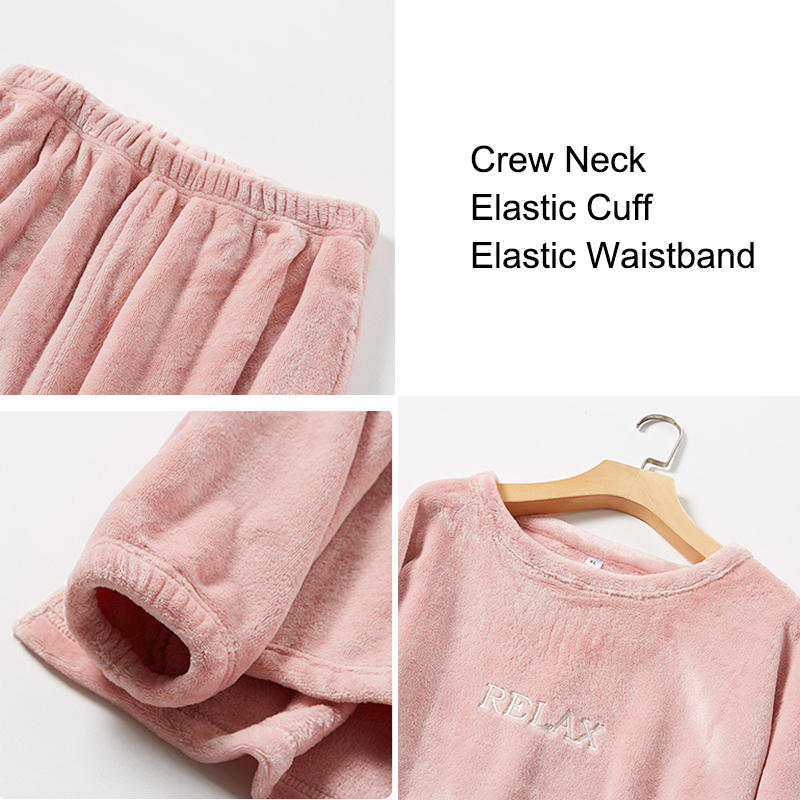 Beakey Crew Neck Flannel Pajamas Set for Women-Light Pink