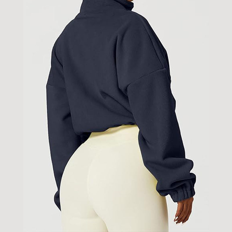 Beakey Womens Fleece Crop Jacket Full Zip Stand Collar Winter Coat-Navy Blue