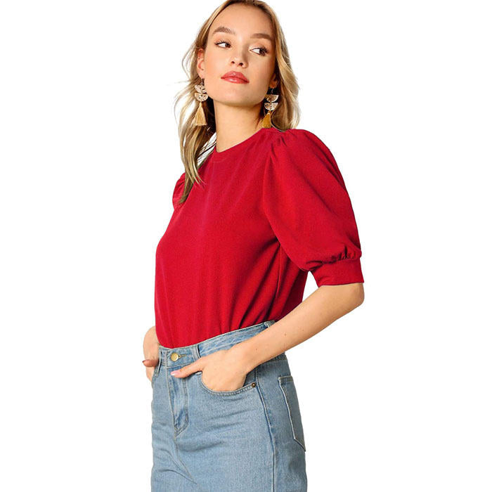 Beakey Women's Unique Puff Sleeve Casual Solid Top Pullover Keyhole Back Blouse-Red-8821