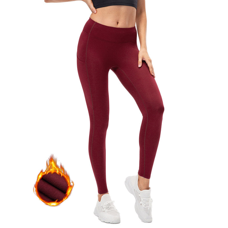 Beakey Womens Fleece Leggings with Pockets Tummy Control Thermal Yoga Pants-Red