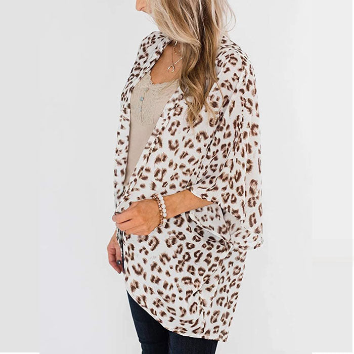 Beakey Women's Summer Floral Print Kimonos Loose Half Sleeve Chiffon Cardigan Blouses Casual Cover Up - White Leopard