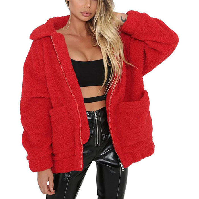 Beakey Women's Lapel Zip Up Coat Faux Shearling Shaggy Oversized  Jacket Warm Winter-Red-T0647