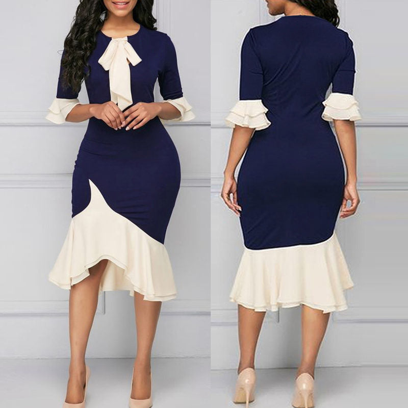 Beakey Women Bodycon Dress Ruffle Half Sleeve Bow Tie Party Dress-Dark Blue