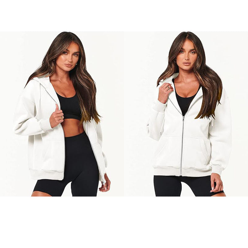 Beakey Womens Zip Up Hoodies with Pockets Y2K Oversized Sweatshirts-White