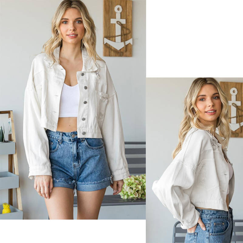 Beakey Womens Denim Jacket with Fringe Rhinestones Crop Casual Coat-White