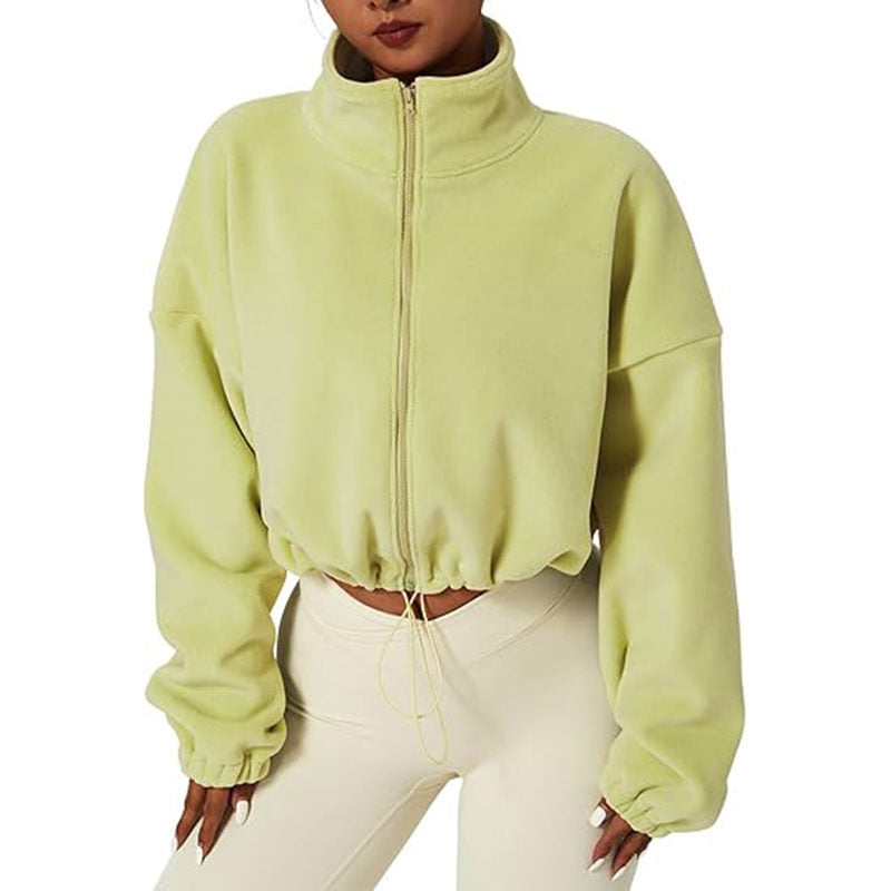 Beakey Womens Fleece Crop Jacket Full Zip Stand Collar Winter Coat-Green