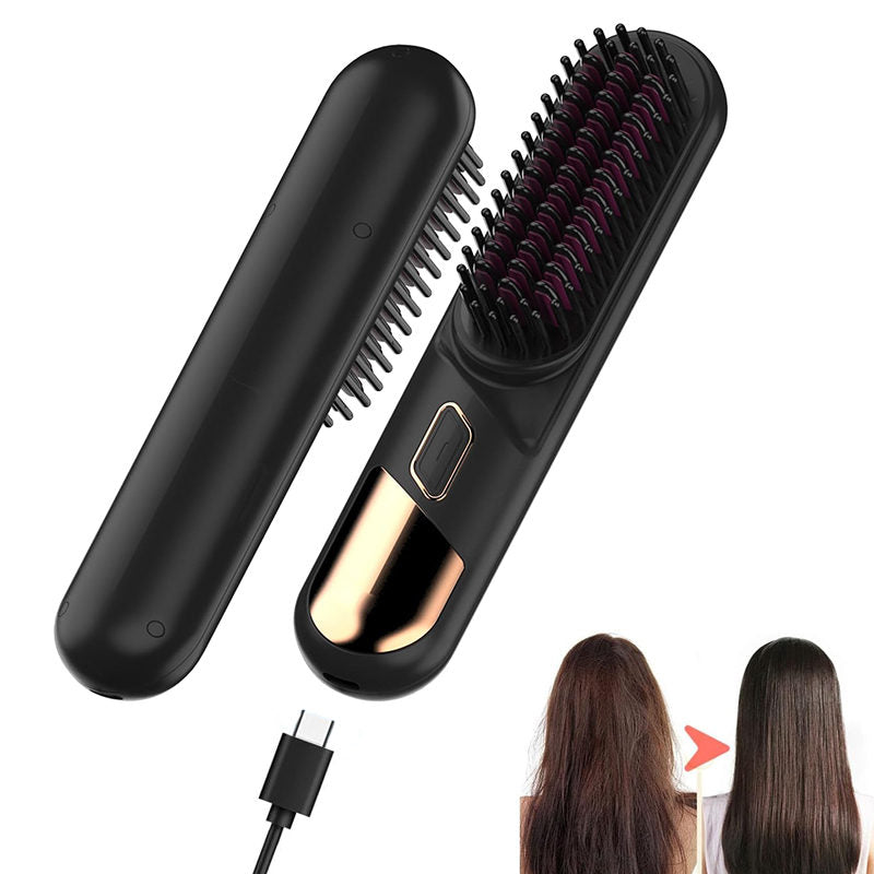 Beakey Cordless Hair Straightener Brush Negative Ion with 4 Temp Settings-Black