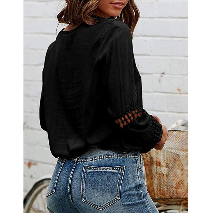 Beakey Womens V Neck Lantern Long Sleeve Blouse Hollow Out Casual Shirts-Black-80082