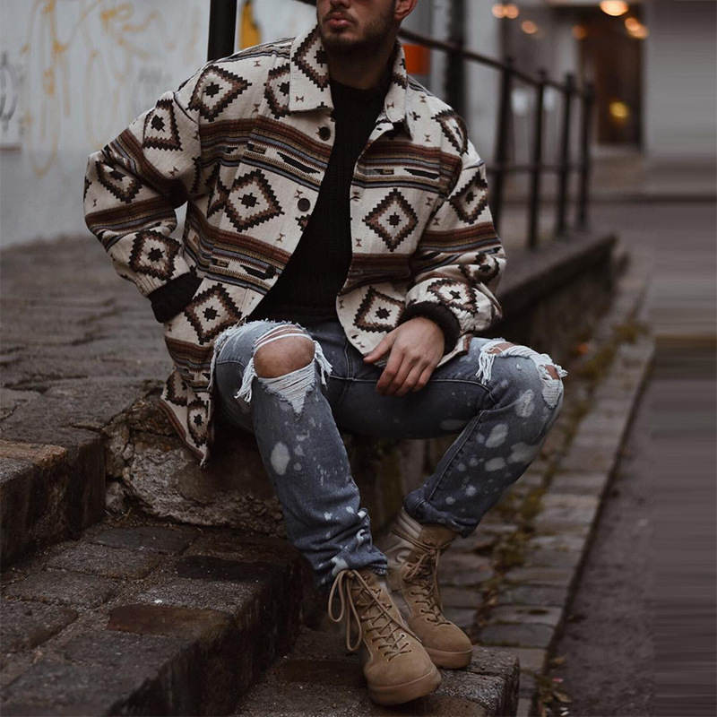 Beakey Mens Aztec Pattern Jacket for Men Label Button Down Shirt Coat