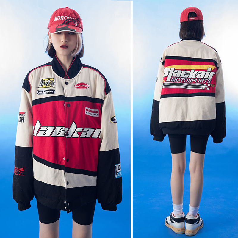 Beakey Motorcycle Jacket for Women Men Button-Down Baseball Coat-Red