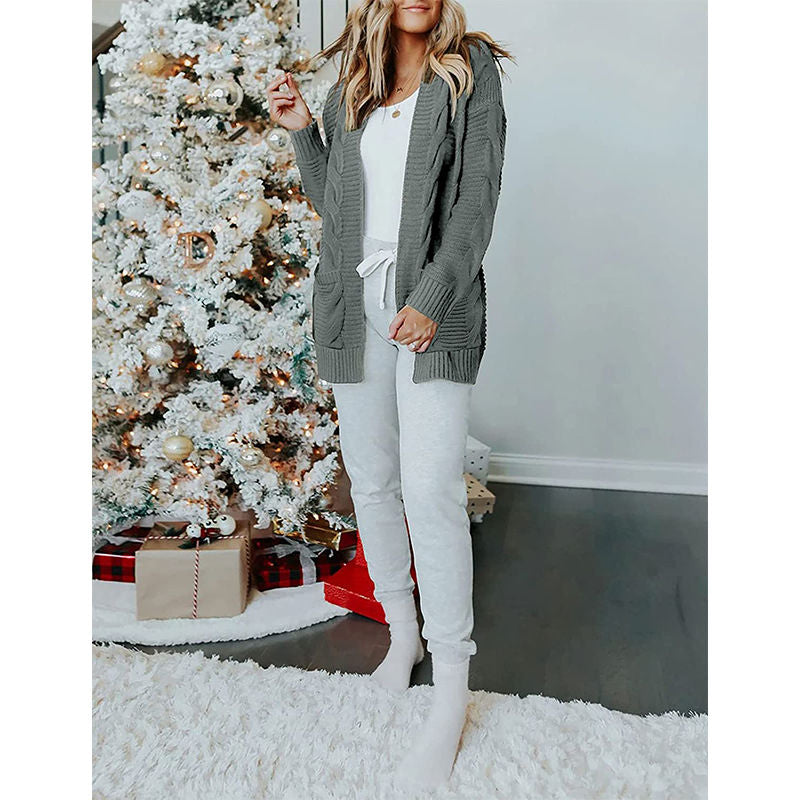 Beakey Womens Long Sleeve Cable Knit Cardigan Sweater Mid Length Coat-Grey
