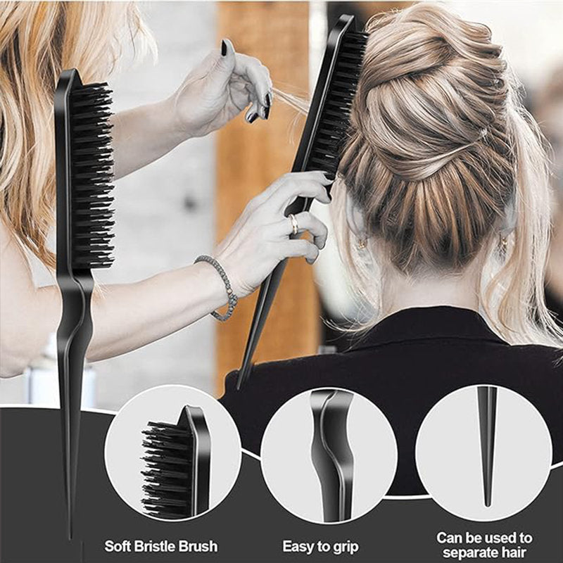 Beakey Edge Brush + Bristle Brush + Rat Tail Comb for Smoothing Hair-Black