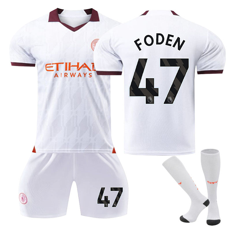 Beakey Manchester City Away Jersey FODEN #47 Soccer Jersey Kids Adult 3Pcs Jersey Kits-White