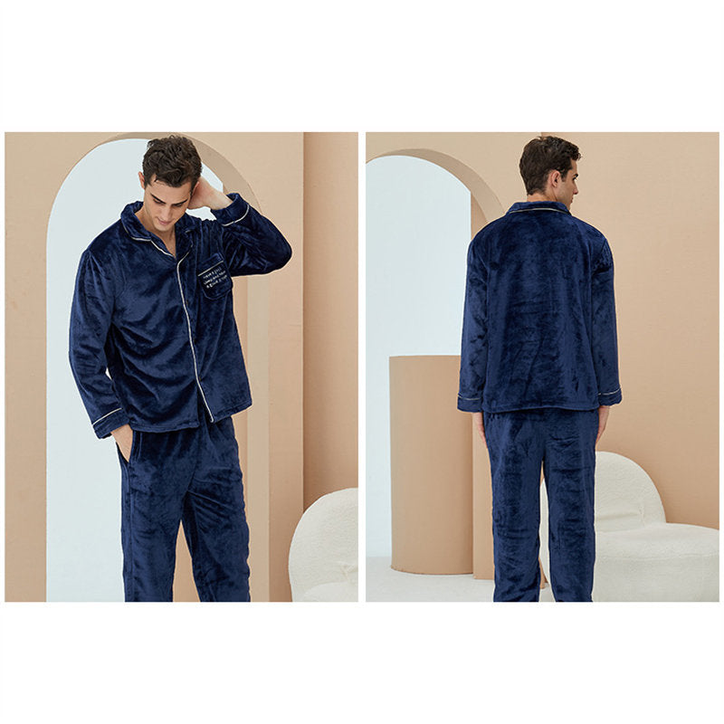 Beakey Thicken Warm Flannel Pajamas Set Homewear-Navy Blue