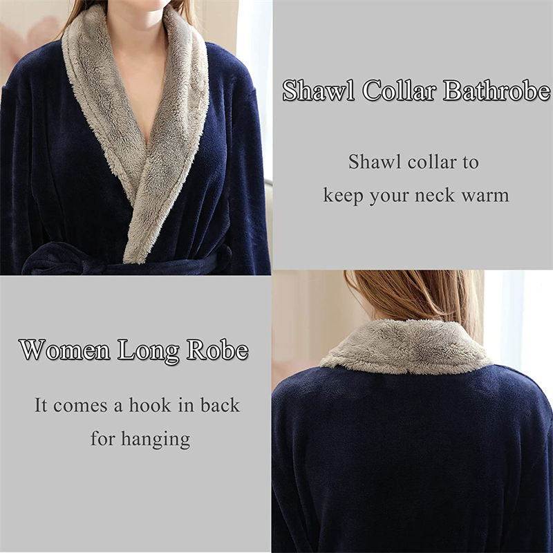 Beakey Womens Winter Robe Soft Plush Warm Spa Long Bathrobe Pajamas-Navy Blue