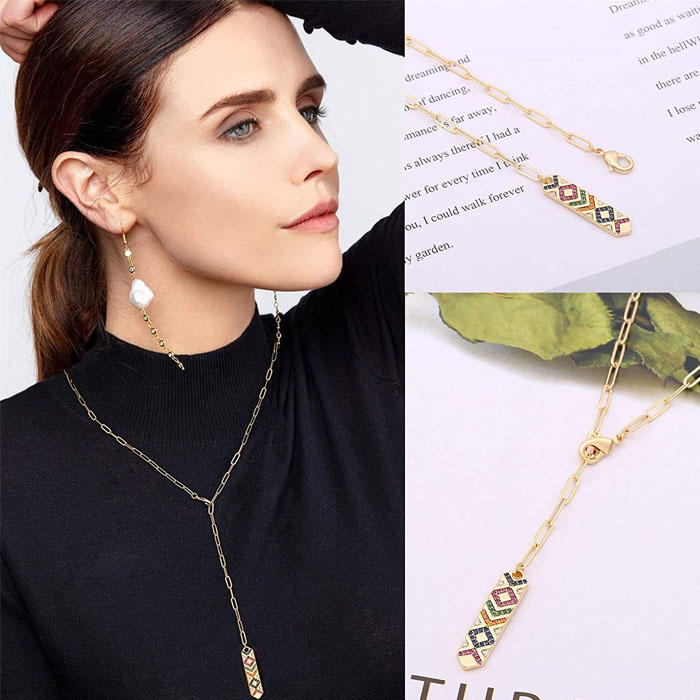 Beakey Simple Cute Long Pendant Necklace Oval Link Choker Double Layer Jewery-Long CZ Pendant-GL-0092A