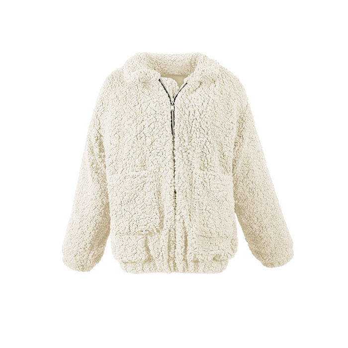 Beakey Women's Lapel Zip Up Coat Faux Shearling Shaggy Oversized  Jacket Warm Winter-Off-white-T0647