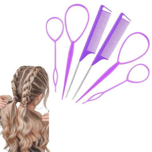 Beakey 4 Pcs French Braid Loop + 2 Pcs Rat Tail Comb for Hair Styling-Purple
