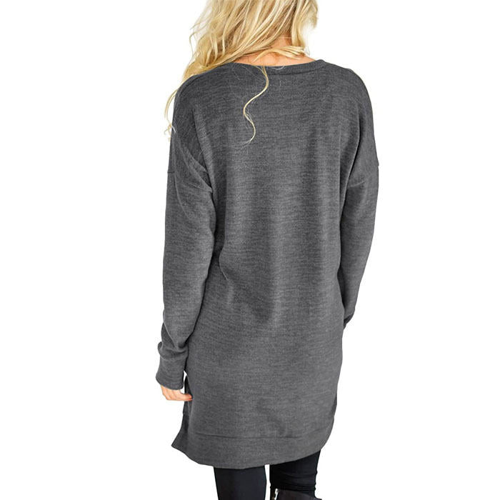 Beakey Womens Casual V Neck Long Sleeves Pocket Solid Color Sweatshirt Split Tops-Dark Gray-W0083