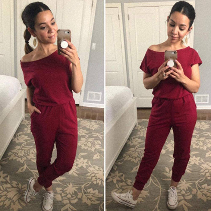 Beakey Women's Loose Solid Off Shoulder Elastic Waist Stretchy Long Romper Jumpsuit with Pockets - Fuchsia
