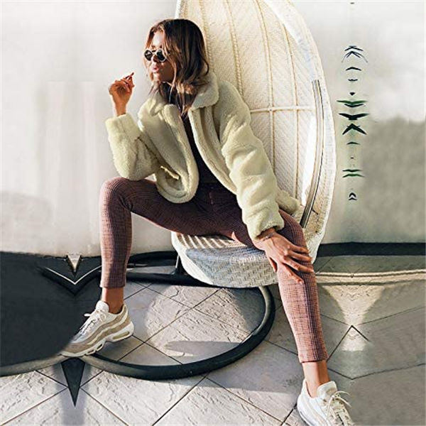 Beakey Women's Lapel Zip Up Coat Faux Shearling Shaggy Oversized  Jacket Warm Winter-Off-white-T0647