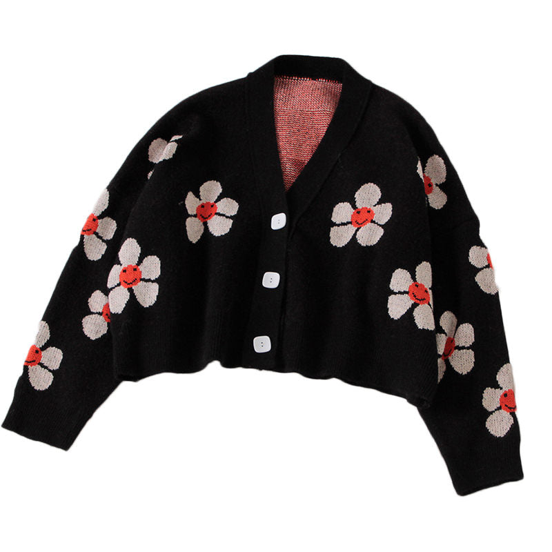 Beakey Womens Flower Cardigan V Neck  Button Down Open Front Sweater-Black
