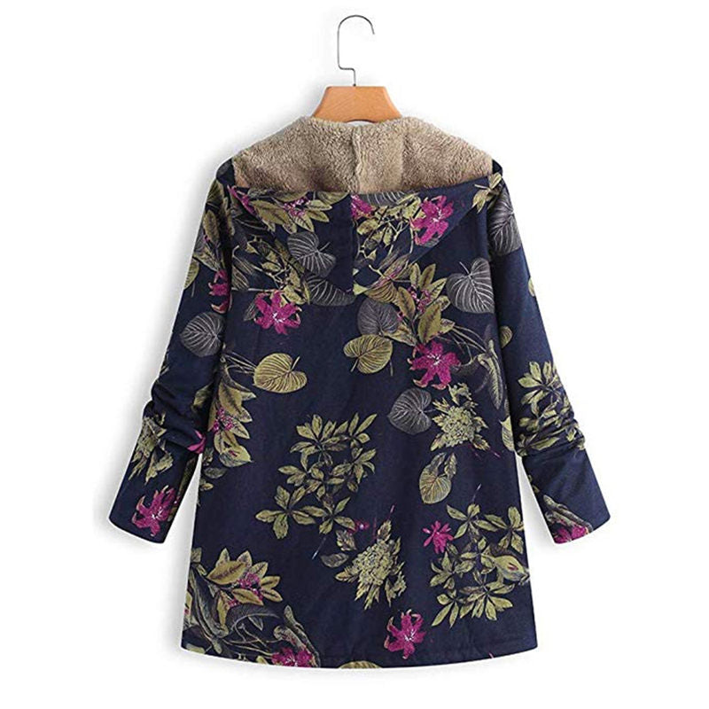Beakey Womens Bohemian Floral Print Jacket Plush Hooded Warm Coat-B