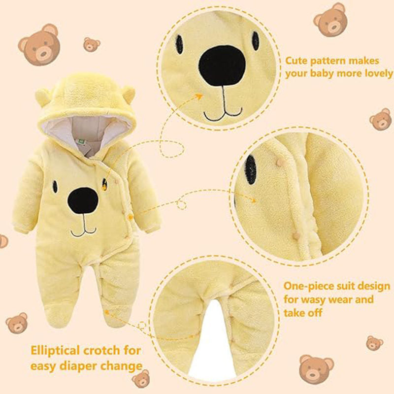 Beakey Cute Bear Hooded Snowsuit for Baby Button Footie Fleece Jumpsuit-Yellow