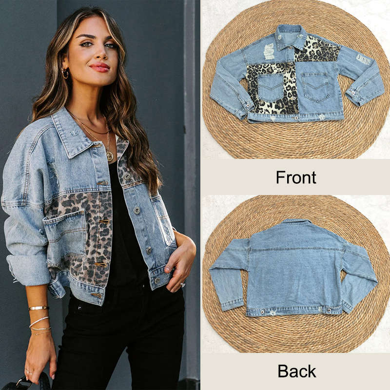 Beakey Womens Distressed Denim Jacket Patchwork Print Ripped Outwear-LeopardPattern