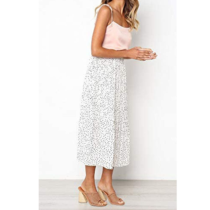 Beakey Womens High Waist Skirt Polka Dot Pleated Midi Maxi Swing Skirt High Elastic-White-0387