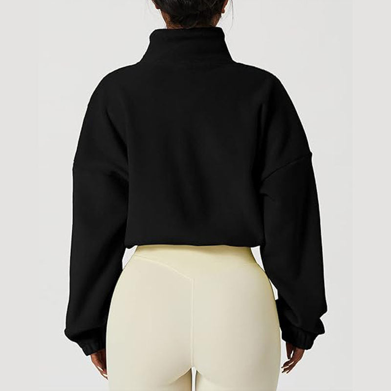 Beakey Womens Fleece Crop Jacket Full Zip Stand Collar Winter Coat-Black