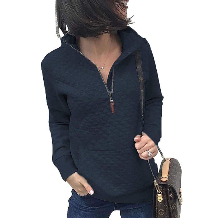 Beakey Women 1/4 Zipper Long Sleeve Plain Casual Sweatshirts Pullovers Shirts Tops-Navy