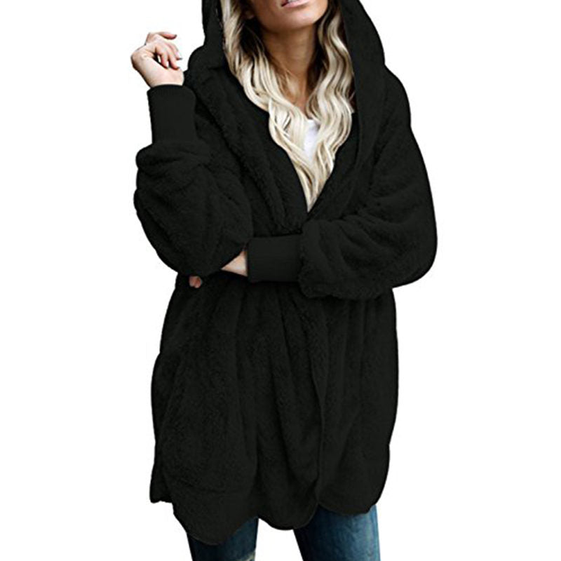 Beakey Womens Long Sleeve Fuzzy Fleece Jacket Hooded Cardigan Coat with Pockets-Black