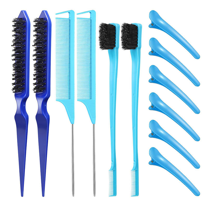 Beakey 12 Pieces Hair Brush Set Nylon Teasing Hair Brushes Rat Tail Combs with Duckbill Clips for Women-Blue