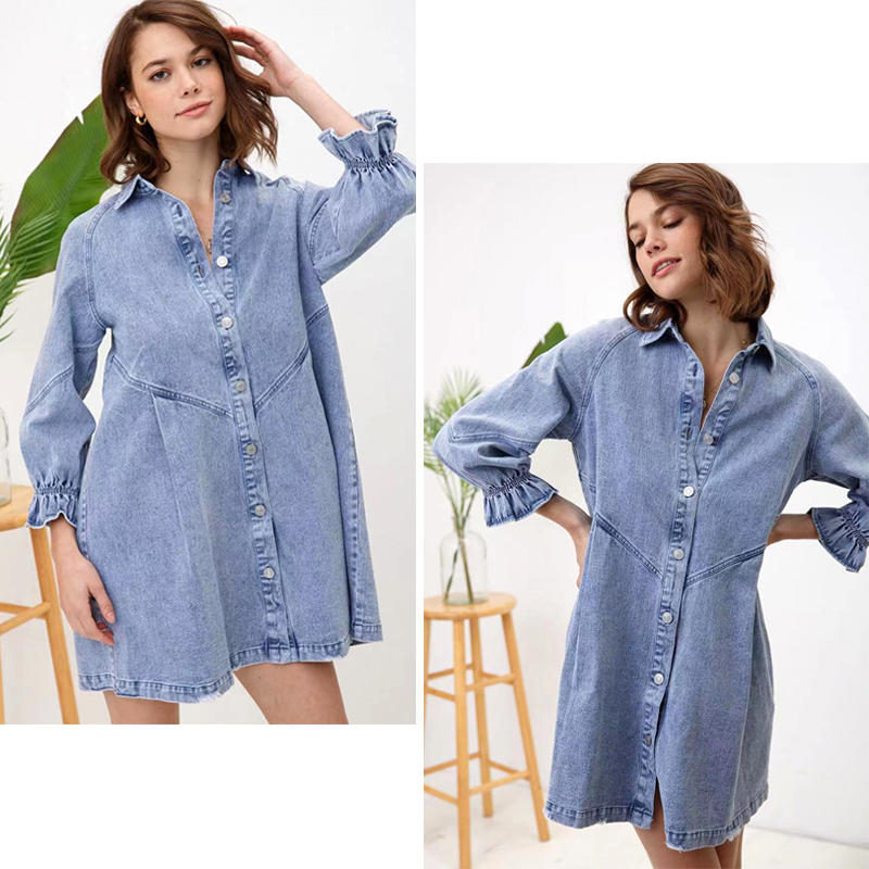 Beakey Denim Shirt Dress for Fall Lantern Sleeve Vintage Loose Babydoll-LightBlue