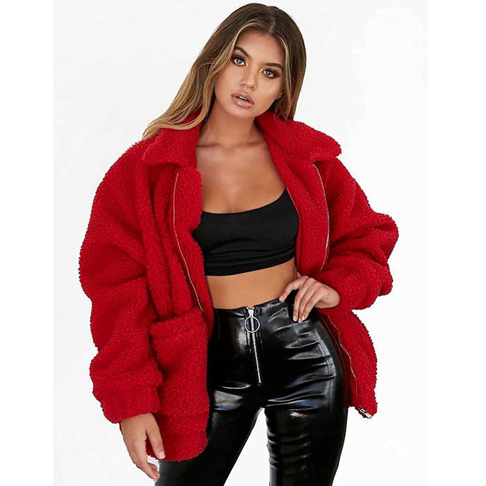 Beakey Women's Lapel Zip Up Coat Faux Shearling Shaggy Oversized  Jacket Warm Winter-Red-T0647