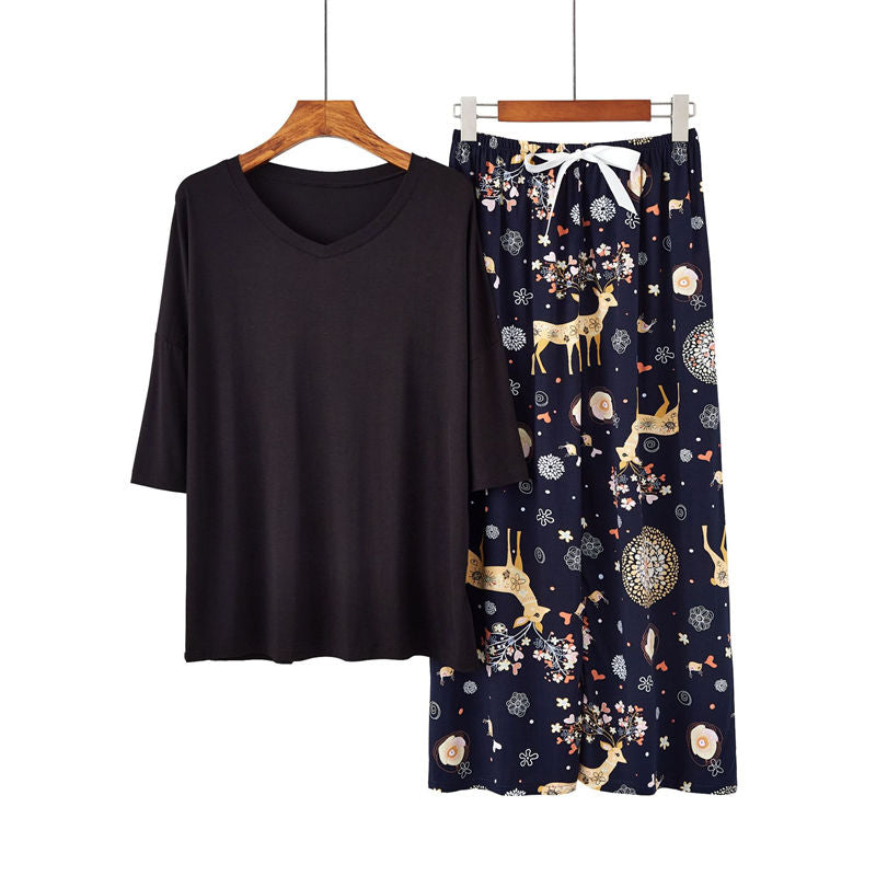 Beakey Womens Pajama Set Print Sleepwear Soft V-Neck Short Sleeve Top With Pants-32